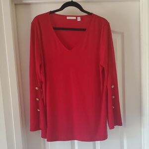Susan Graver Liquid Knit Red V Neck with 3/4 embellished sleeves (L)